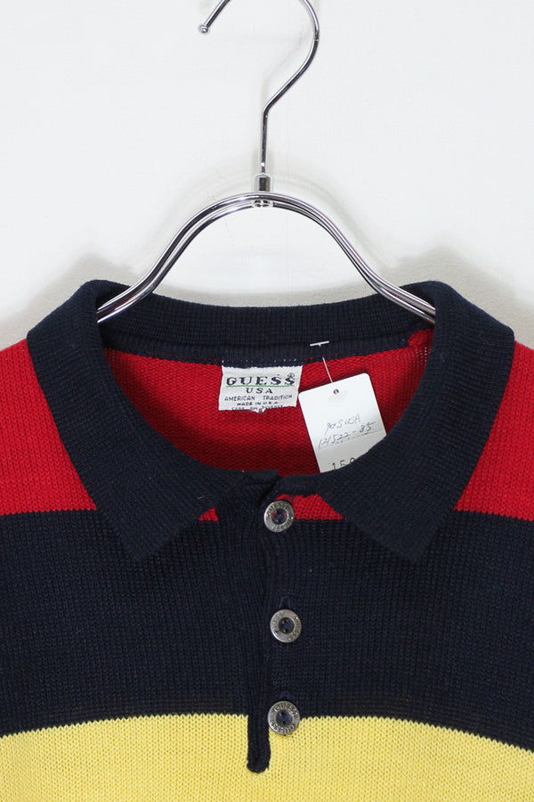 MADE IN USA 90'S BORDER COTTON KNIT POLO SHIRT / BLACK / RED / YELLOW [SIZE: M equivalent USED]