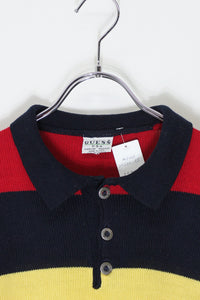 MADE IN USA 90'S BORDER COTTON KNIT POLO SHIRT / BLACK / RED / YELLOW [SIZE: M相当 USED]