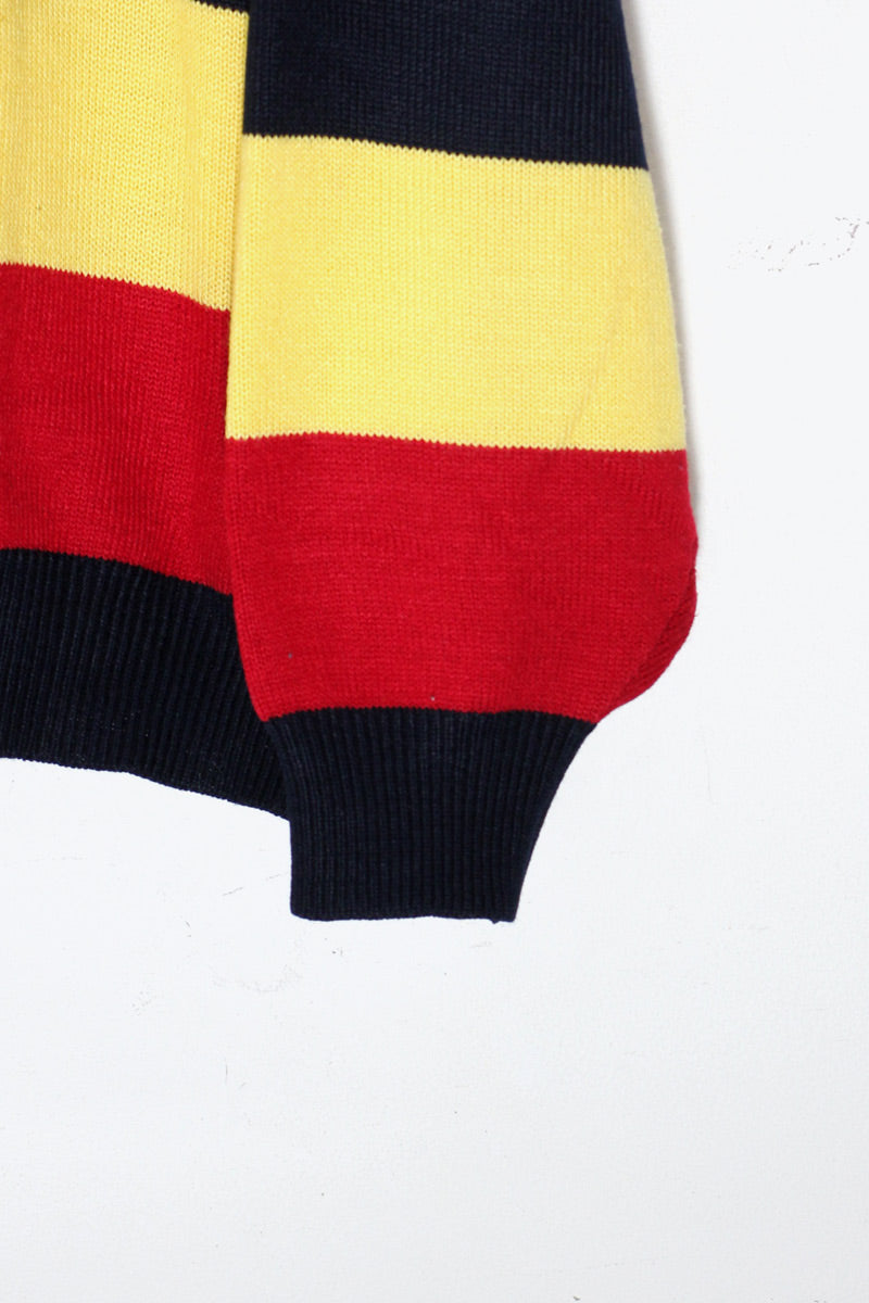 MADE IN USA 90'S BORDER COTTON KNIT POLO SHIRT / BLACK / RED / YELLOW [SIZE: M equivalent USED]