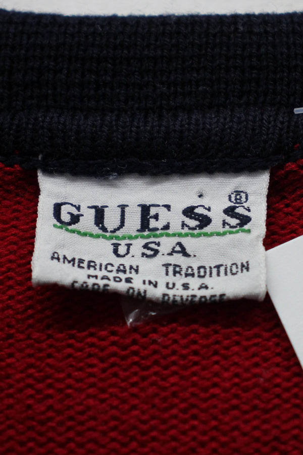 MADE IN USA 90'S BORDER COTTON KNIT POLO SHIRT / BLACK / RED / YELLOW [SIZE: M equivalent USED]