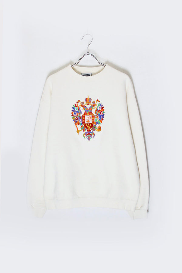 MADE IN USA 90'S EMBLEM SWEATSHIRT / IVORY / RED [SIZE: M USED]