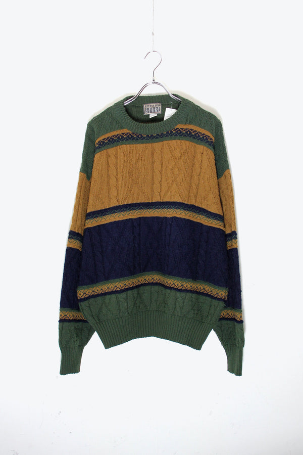 MADE IN USA 90'S ACRYLIC CABLE KNIT SWEATER / GREEN / BEIGE [SIZE: L USED]