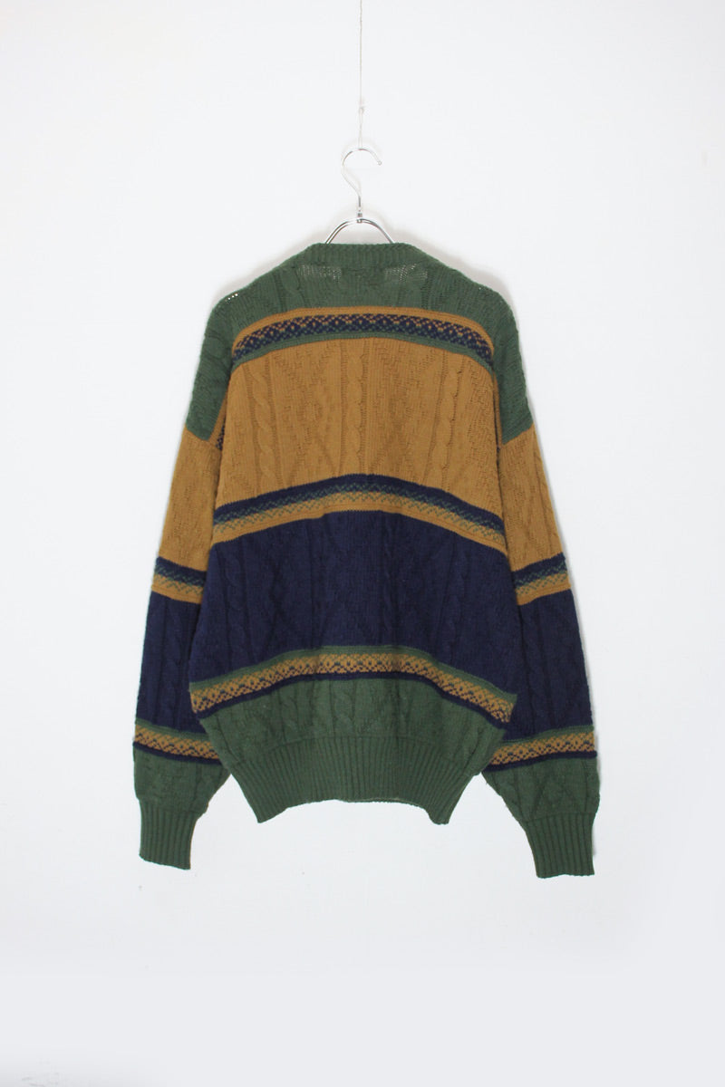 MADE IN USA 90'S ACRYLIC CABLE KNIT SWEATER / GREEN / BEIGE [SIZE: L USED]