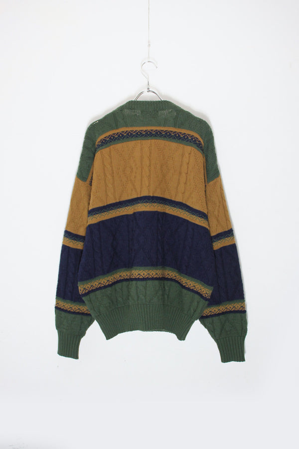MADE IN USA 90'S ACRYLIC CABLE KNIT SWEATER / GREEN / BEIGE [SIZE: L USED]