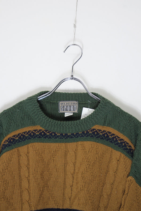 MADE IN USA 90'S ACRYLIC CABLE KNIT SWEATER / GREEN / BEIGE [SIZE: L USED]