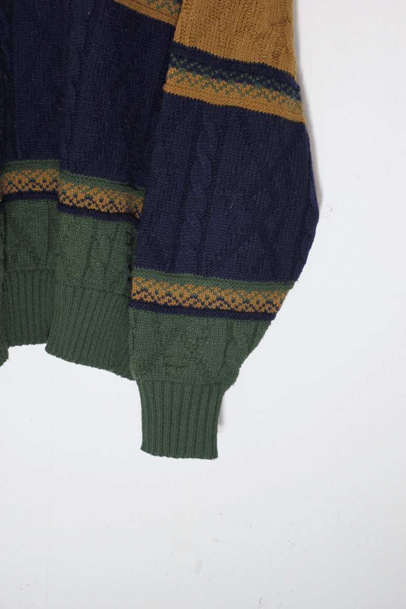 MADE IN USA 90'S ACRYLIC CABLE KNIT SWEATER / GREEN / BEIGE [SIZE: L USED]