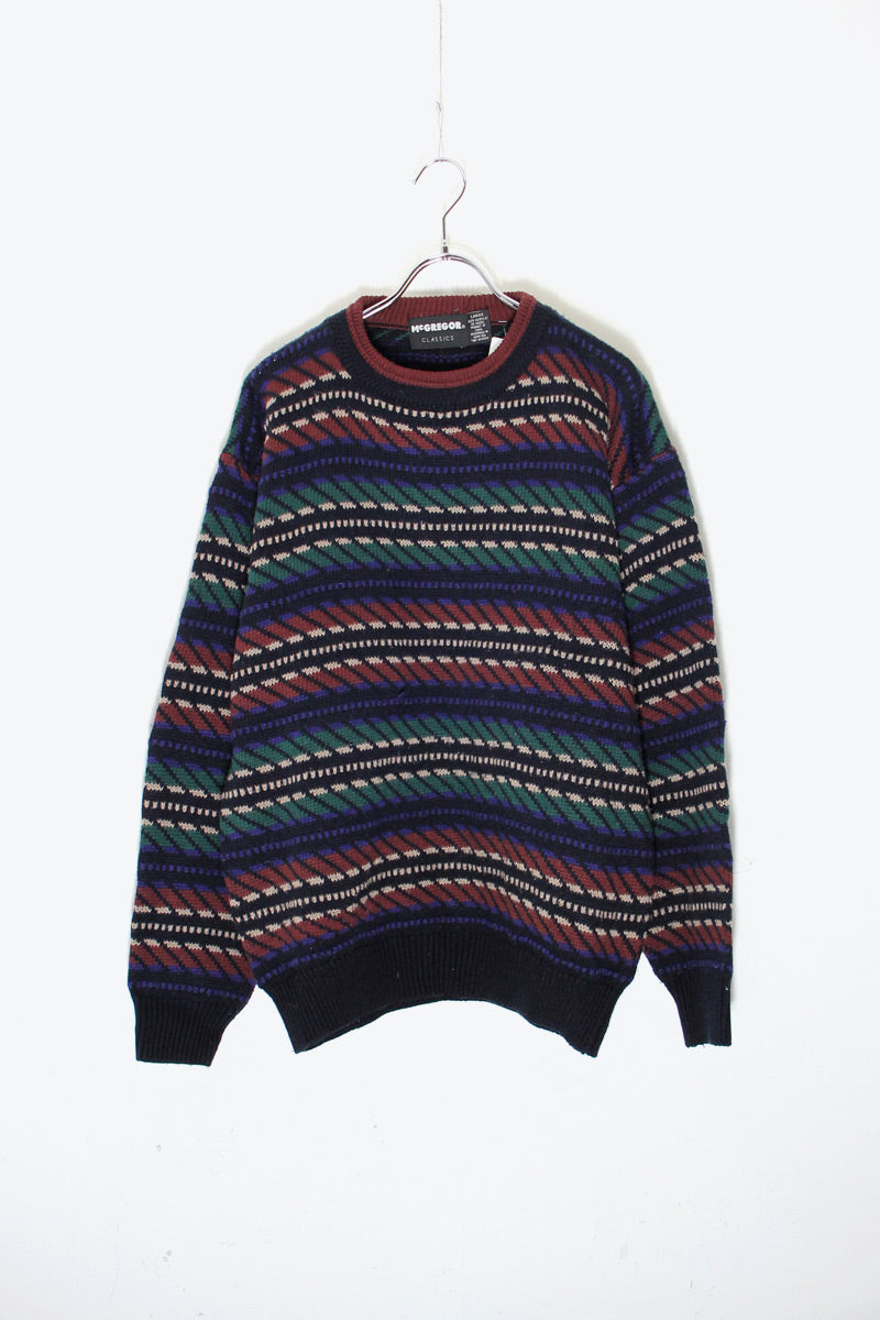 MADE IN USA 90'S ACRYLIC DESIGN KNIT SWEATER / BLACK / MULTI [SIZE: L USED]