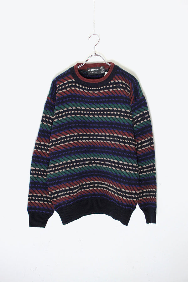 MADE IN USA 90'S ACRYLIC DESIGN KNIT SWEATER / BLACK / MULTI [SIZE: L USED]