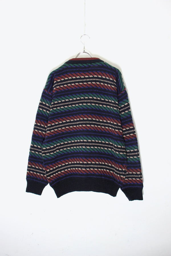 MADE IN USA 90'S ACRYLIC DESIGN KNIT SWEATER / BLACK / MULTI [SIZE: L USED]
