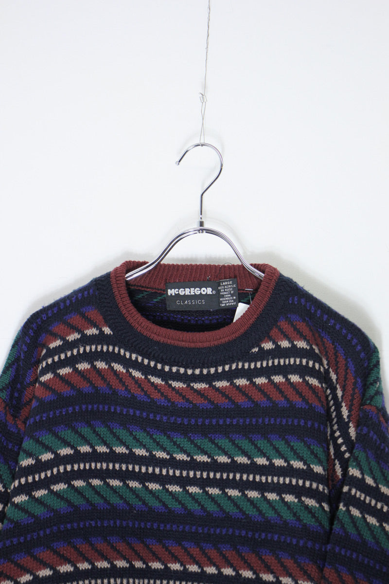 MADE IN USA 90'S ACRYLIC DESIGN KNIT SWEATER / BLACK / MULTI [SIZE: L USED]