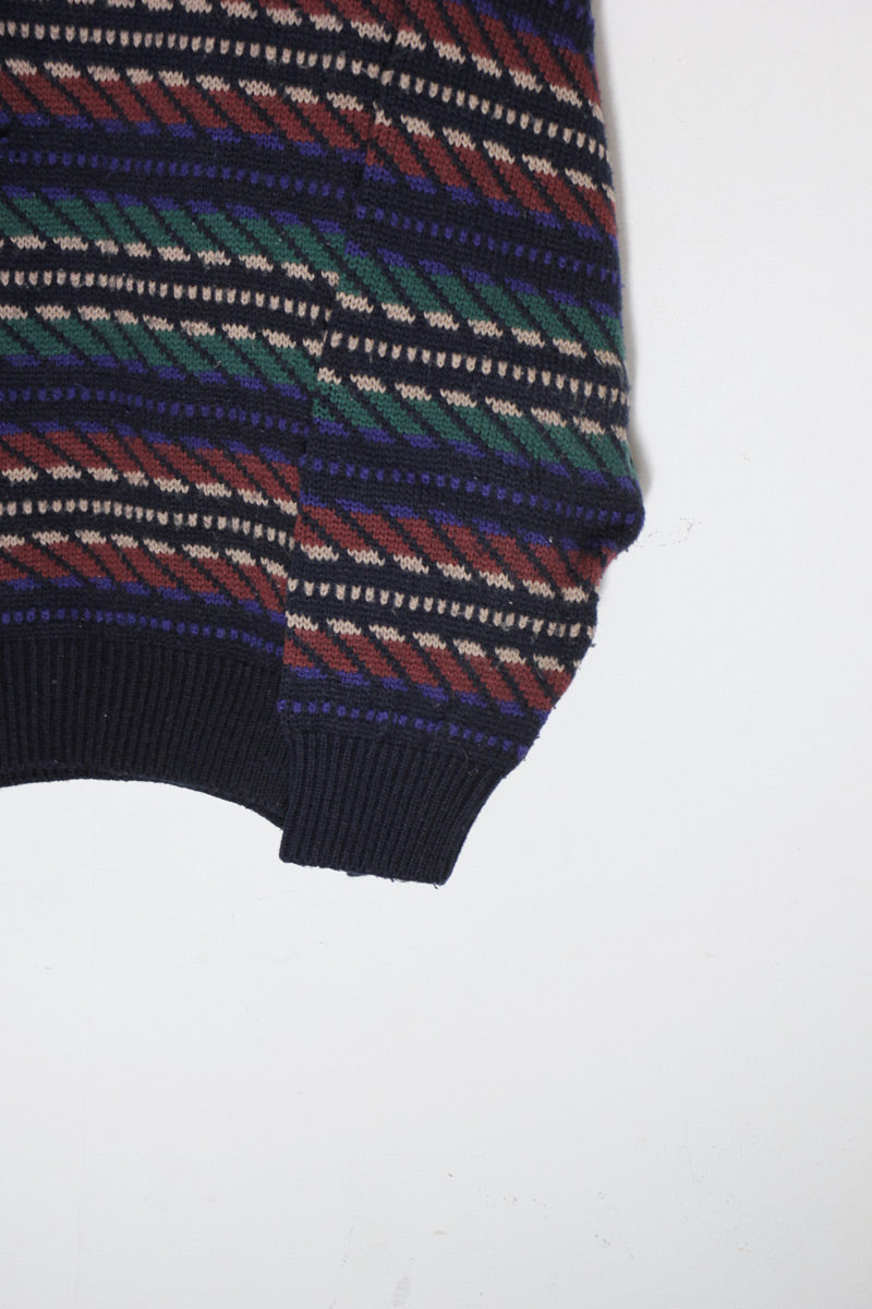 MADE IN USA 90'S ACRYLIC DESIGN KNIT SWEATER / BLACK / MULTI [SIZE: L USED]