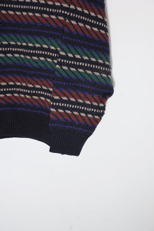 MADE IN USA 90'S ACRYLIC DESIGN KNIT SWEATER / BLACK / MULTI [SIZE: L USED]