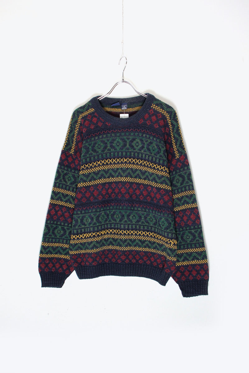 MADE IN USA 90'S ACRYLIC DESIGN KNIT SWEATER / NAVY / MULTI [SIZE: M USED]