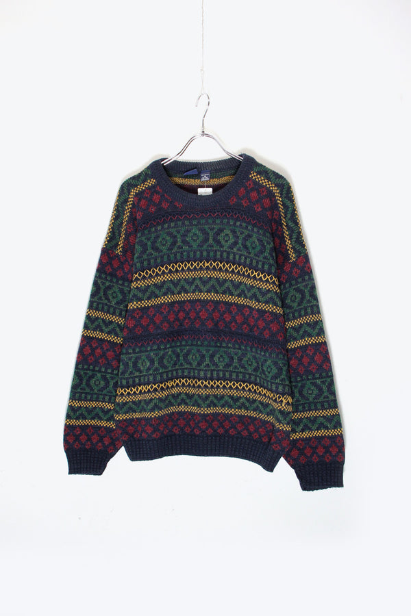 MADE IN USA 90'S ACRYLIC DESIGN KNIT SWEATER / NAVY / MULTI [SIZE: M USED]