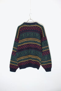 MADE IN USA 90'S ACRYLIC DESIGN KNIT SWEATER / NAVY / MULTI [SIZE: M USED]