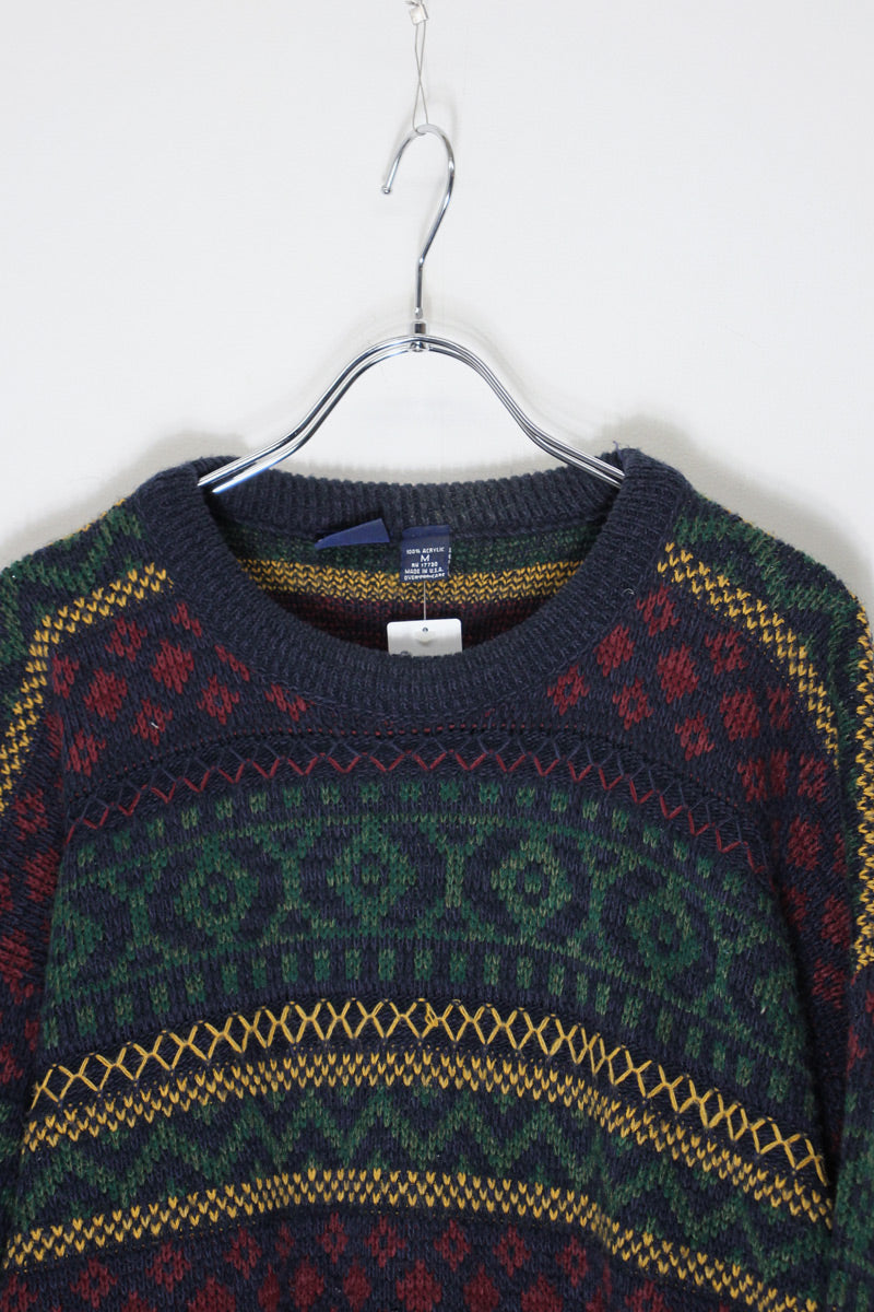 MADE IN USA 90'S ACRYLIC DESIGN KNIT SWEATER / NAVY / MULTI [SIZE: M USED]