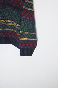 MADE IN USA 90'S ACRYLIC DESIGN KNIT SWEATER / NAVY / MULTI [SIZE: M USED]