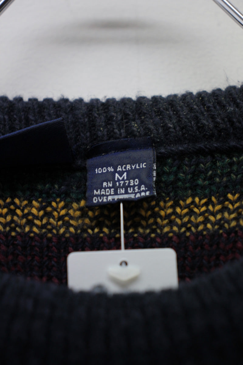 MADE IN USA 90'S ACRYLIC DESIGN KNIT SWEATER / NAVY / MULTI [SIZE: M USED]