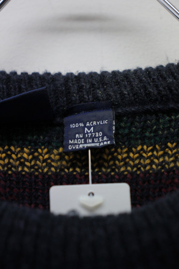 MADE IN USA 90'S ACRYLIC DESIGN KNIT SWEATER / NAVY / MULTI [SIZE: M USED]
