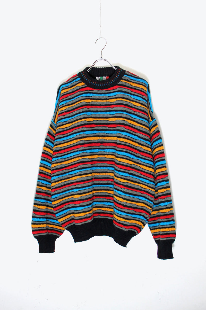 MADE IN ITALY 90'S BORDER ACRYLIC WOOL KNIT SWEATER / GREY / BLUE / RED [SIZE: XL USED]