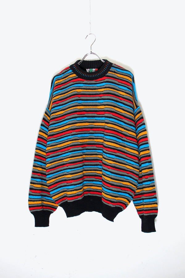 MADE IN ITALY 90'S BORDER ACRYLIC WOOL KNIT SWEATER / GREY / BLUE / RED [SIZE: XL USED]