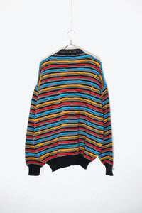 MADE IN ITALY 90'S BORDER ACRYLIC WOOL KNIT SWEATER / GREY / BLUE / RED [SIZE: XL USED]