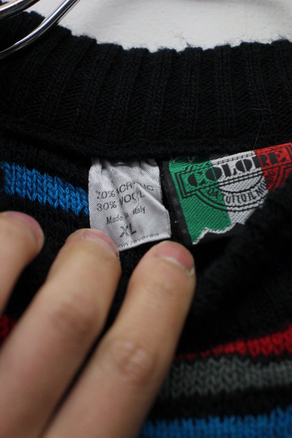 MADE IN ITALY 90'S BORDER ACRYLIC WOOL KNIT SWEATER / GREY / BLUE / RED [SIZE: XL USED]