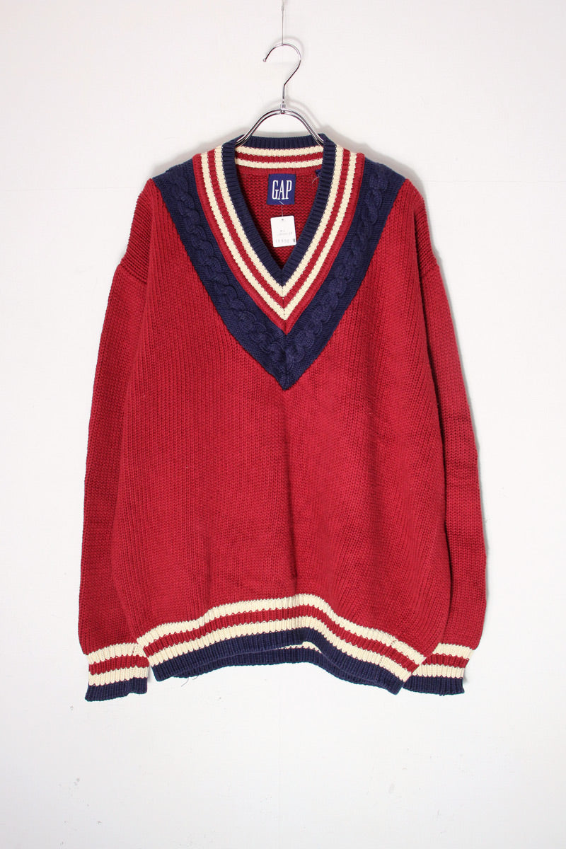 90'S V-NECK COTTON KNIT SWEATER / BURGUNDY/NAVY [SIZE: XL USED]