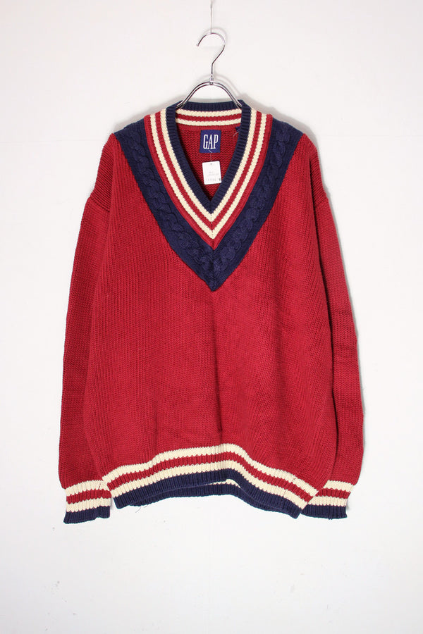 90'S V-NECK COTTON KNIT SWEATER / BURGUNDY/NAVY [SIZE: XL USED]
