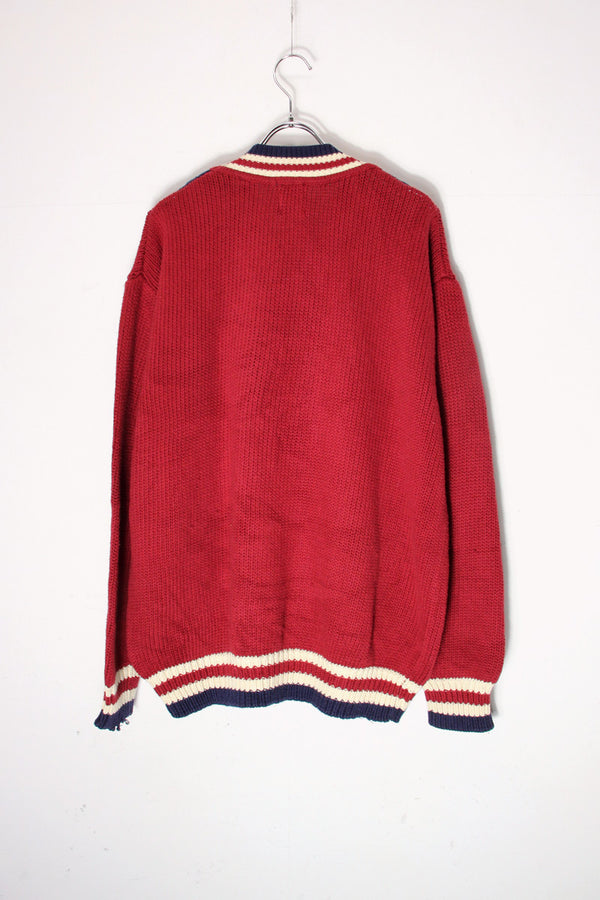 90'S V-NECK COTTON KNIT SWEATER / BURGUNDY/NAVY [SIZE: XL USED]