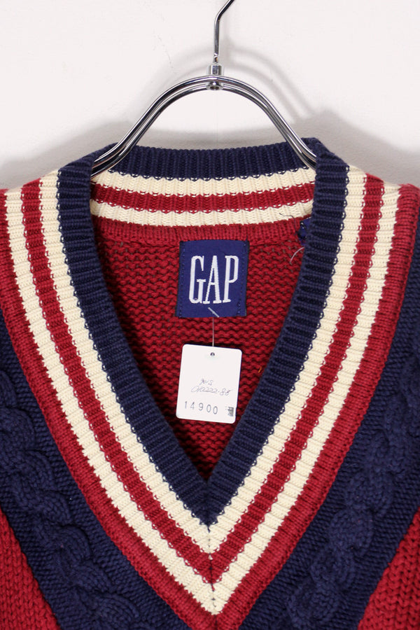 90'S V-NECK COTTON KNIT SWEATER / BURGUNDY/NAVY [SIZE: XL USED]