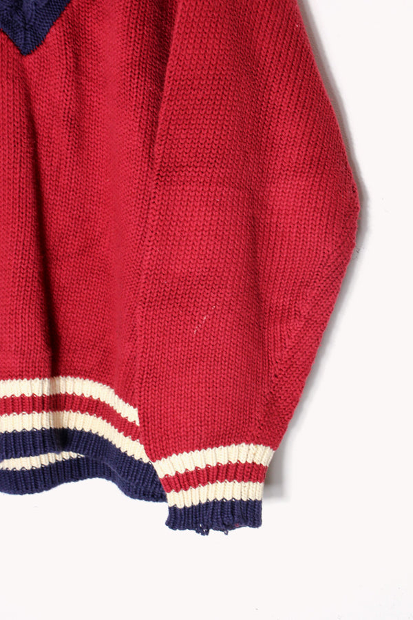 90'S V-NECK COTTON KNIT SWEATER / BURGUNDY/NAVY [SIZE: XL USED]