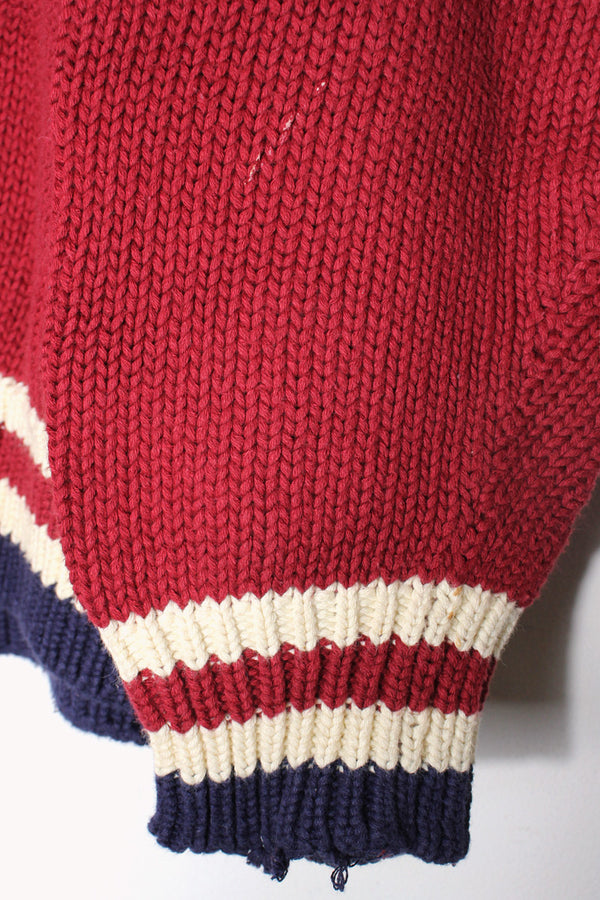 90'S V-NECK COTTON KNIT SWEATER / BURGUNDY/NAVY [SIZE: XL USED]