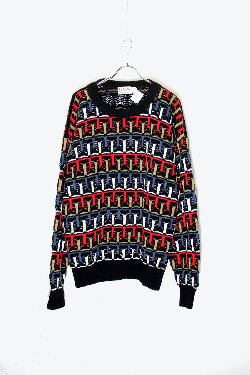 MADE IN ITALY 90'S ACRYLIC DESIGN KNIT SWEATER / BLACK / MULTI [SIZE: L USED]