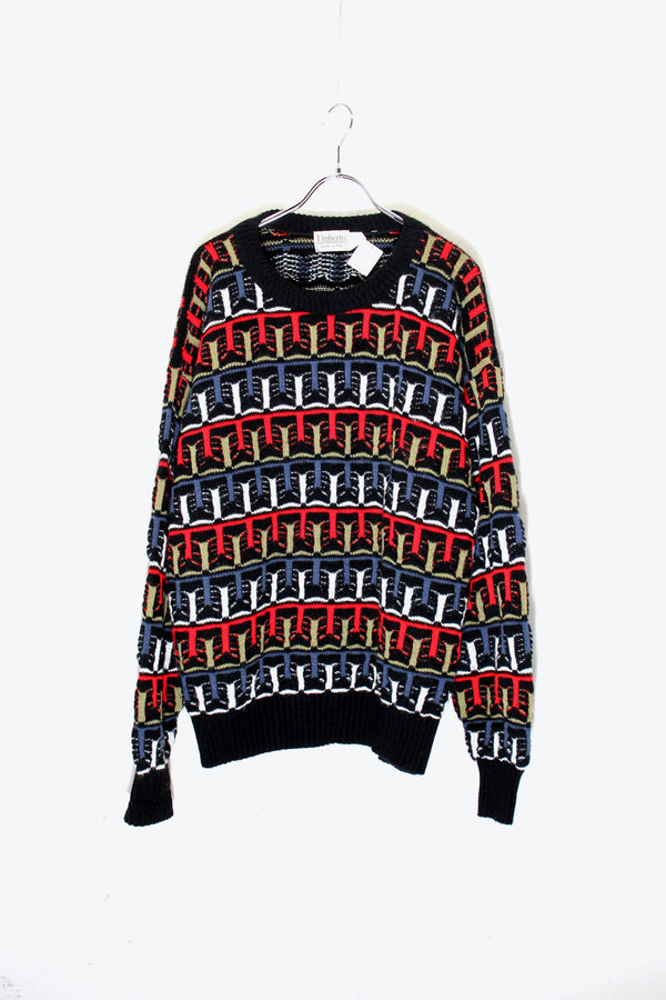 MADE IN ITALY 90'S ACRYLIC DESIGN KNIT SWEATER / BLACK / MULTI [SIZE: L USED]