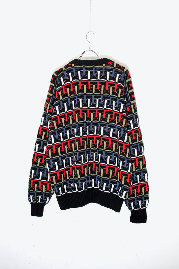 MADE IN ITALY 90'S ACRYLIC DESIGN KNIT SWEATER / BLACK / MULTI [SIZE: L USED]