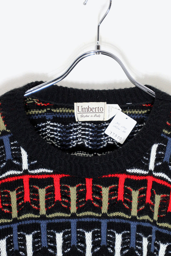 MADE IN ITALY 90'S ACRYLIC DESIGN KNIT SWEATER / BLACK / MULTI [SIZE: L USED]