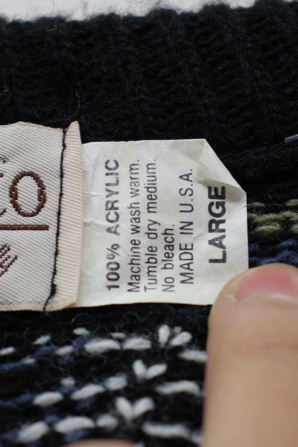 MADE IN ITALY 90'S ACRYLIC DESIGN KNIT SWEATER / BLACK / MULTI [SIZE: L USED]