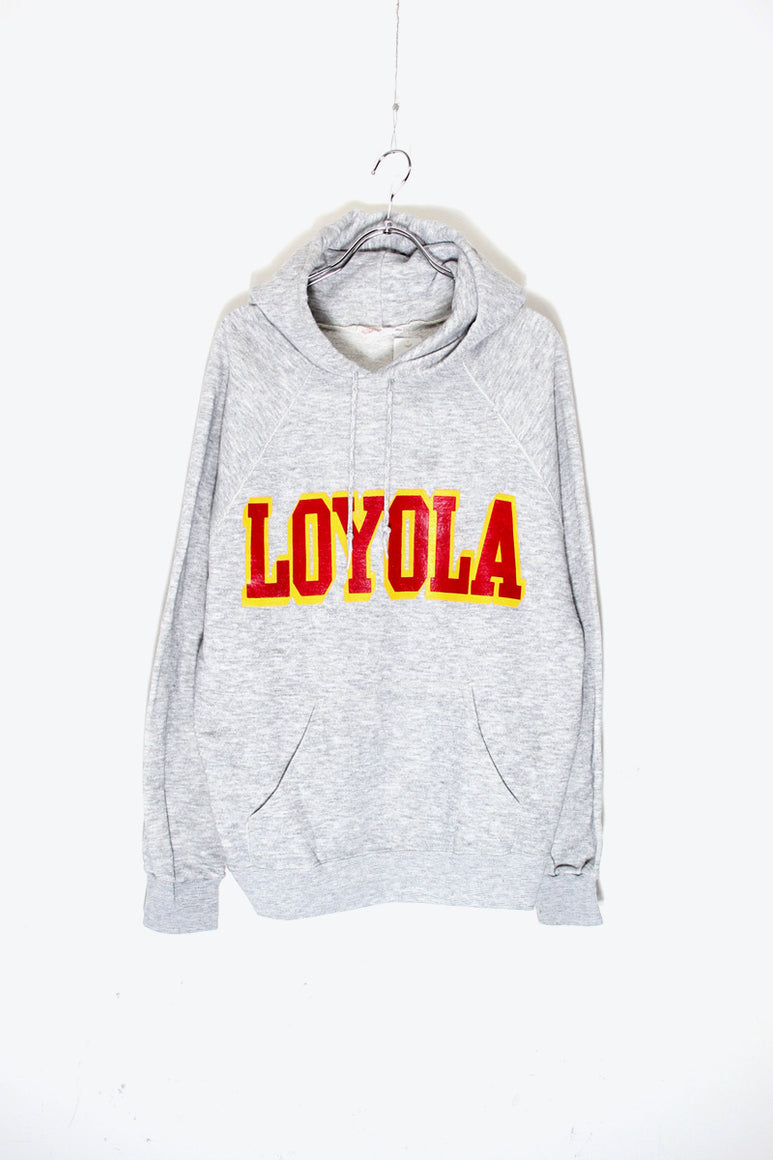 MADE IN USA 80'S LOYOLA PRINT HOODIE SWEATSHIRT / GRAY［ SIZE: XL USED ]