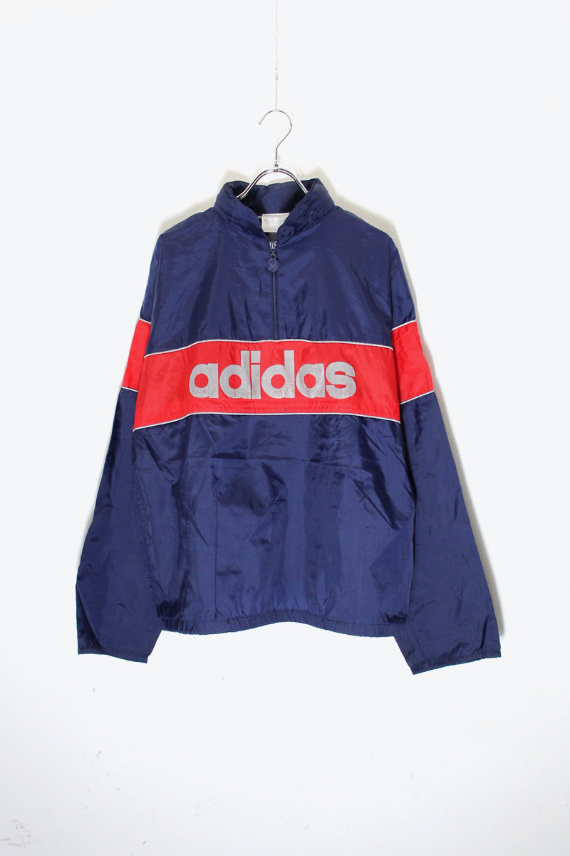 80'S HALF ZIP LOGO PRINT NYLON JACKET / NAVY / RED [SIZE: L相当 USED]