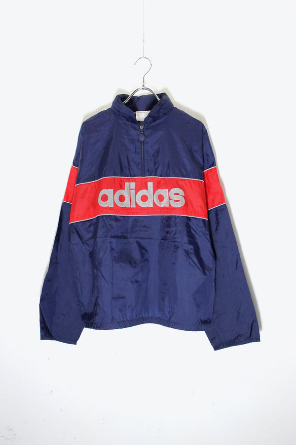 80'S HALF ZIP LOGO PRINT NYLON JACKET / NAVY / RED [SIZE: L相当 USED]