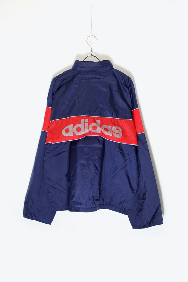 80'S HALF ZIP LOGO PRINT NYLON JACKET / NAVY / RED [SIZE: L相当 USED]