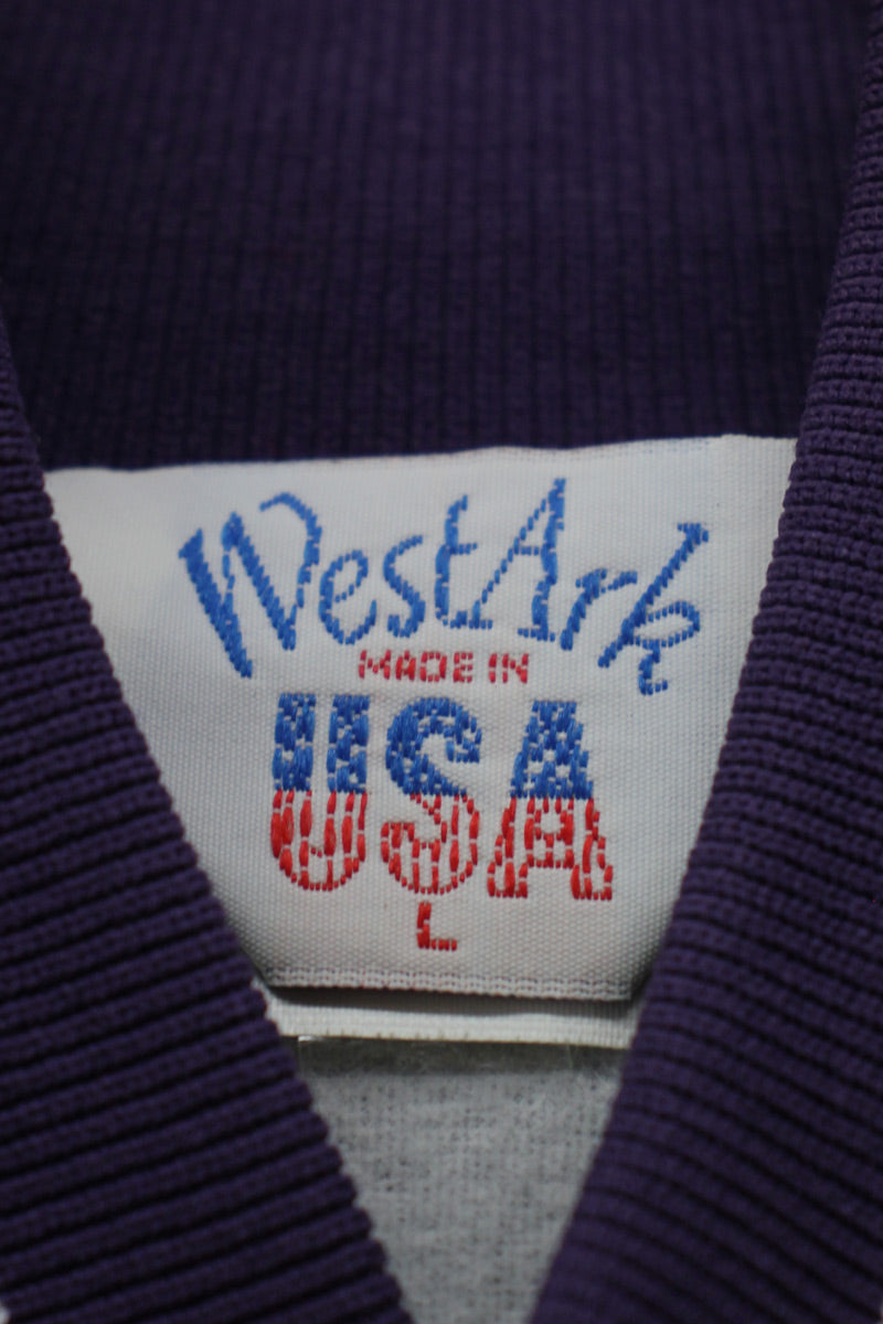 MADE IN USA 90'S SNOOPY EMBROIDERY FLEECE SATIN STADIUM JACKET / GREY / PURPLE [SIZE: L USED]