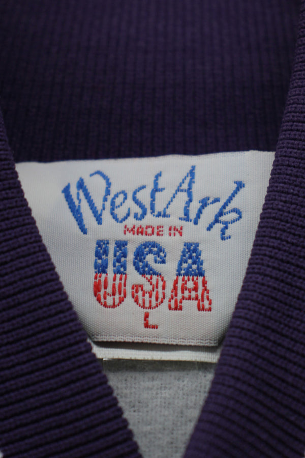 MADE IN USA 90'S SNOOPY EMBROIDERY FLEECE SATIN STADIUM JACKET / GREY / PURPLE [SIZE: L USED]