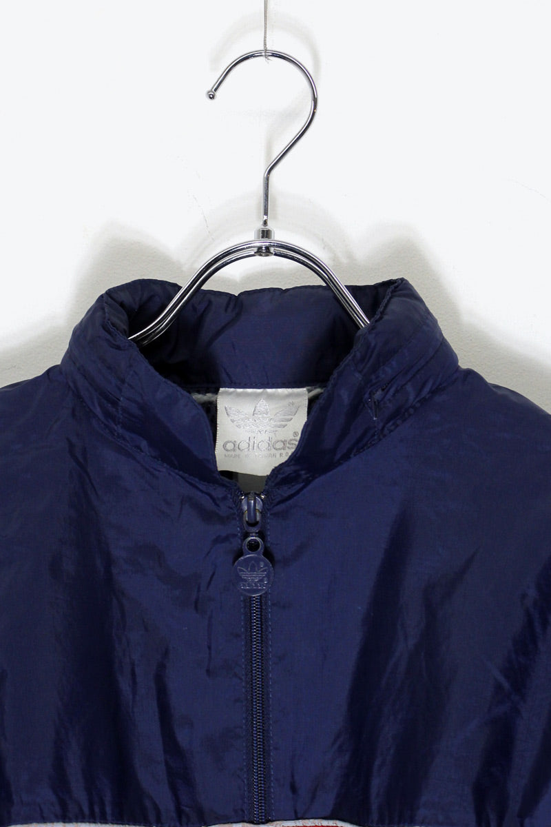 80'S HALF ZIP LOGO PRINT NYLON JACKET / NAVY / RED [SIZE: L相当 USED]
