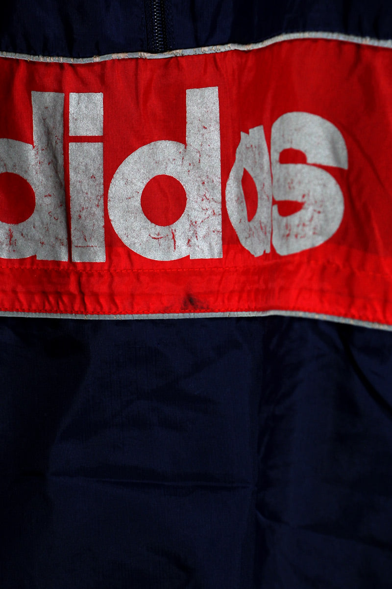 80'S HALF ZIP LOGO PRINT NYLON JACKET / NAVY / RED [SIZE: L相当 USED]