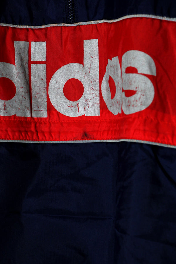 80'S HALF ZIP LOGO PRINT NYLON JACKET / NAVY / RED [SIZE: L相当 USED]