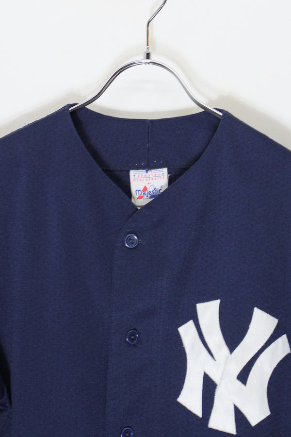 MADE IN USA 90'S MLB NY YANKEES S/S BASEBALL SHIRT / NAVY [SIZE: M USED]