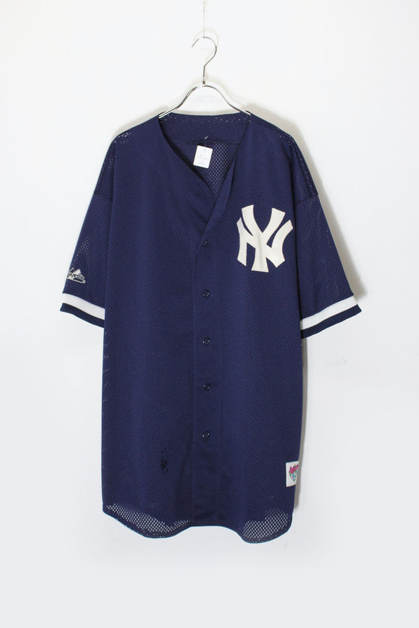 90'S S/S MESH BASEBALL SHIRT NY YANKEES / NAVY [SIZE: XL Equivalent USED]