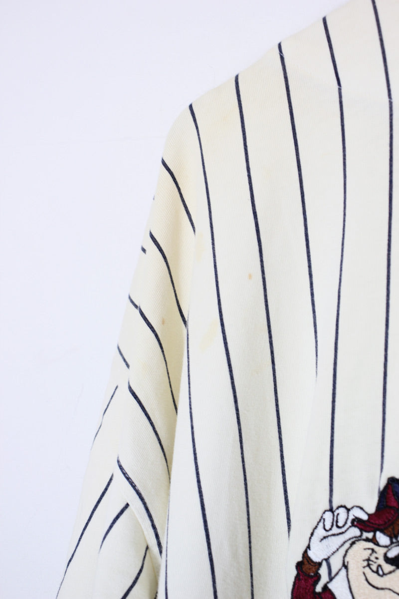 90'S S/S STRIPE BACK EMBROIDERY BASEBALL SHIRT / WHITE [SIZE: L USED]